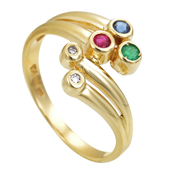 Ring, 14K, Gelbgold, Diamanten, Smaragd, Rubin, Saphir Detailbild #1