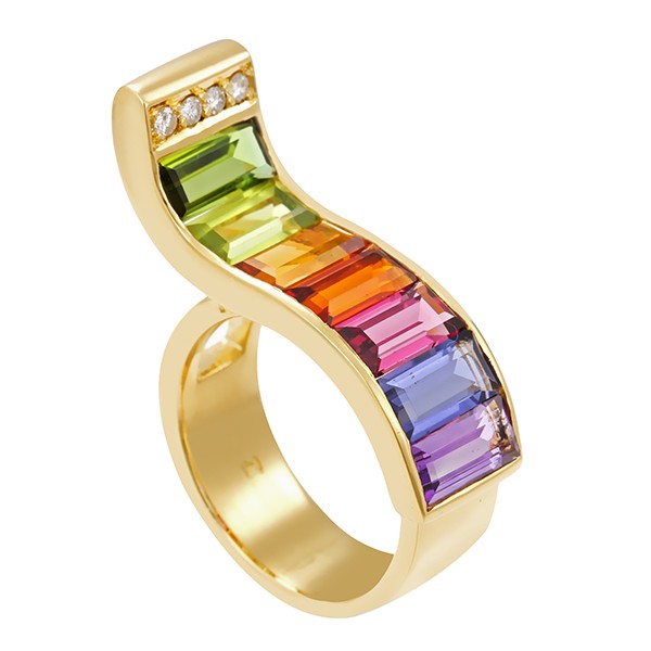 Ring, 18K, Gelbgold, diverse Edelsteine, Brillanten Detailbild #1