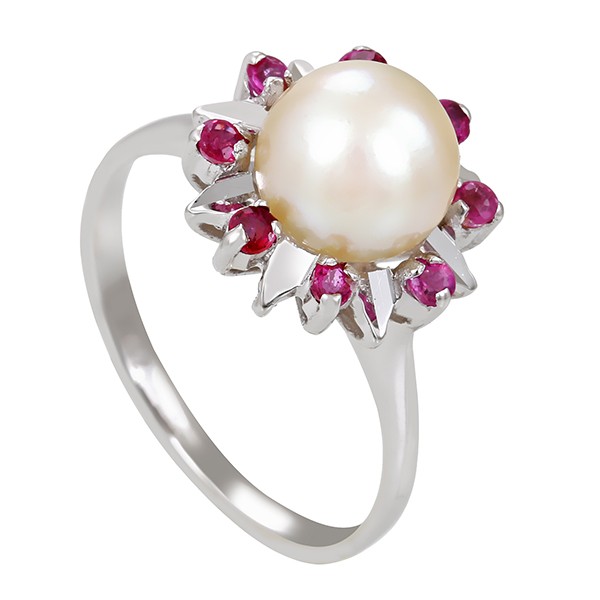 Ring, Perle, Rubine, 750, 18K, Weißgold Detailbild #1