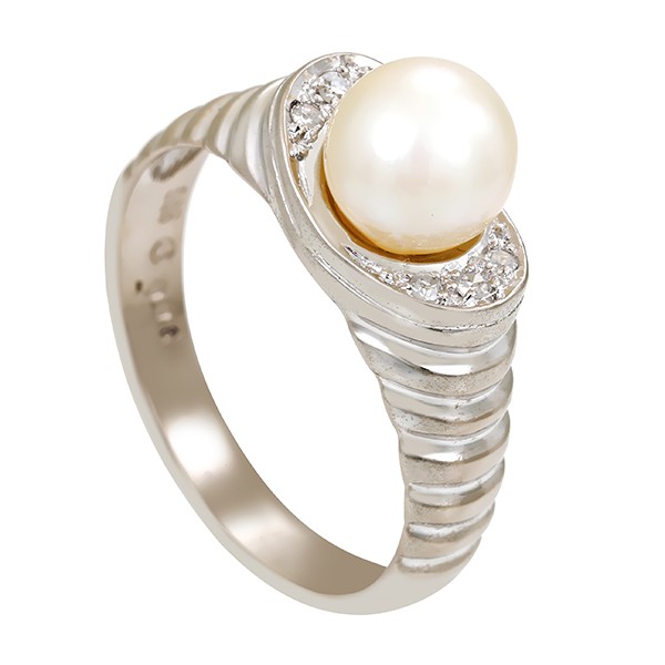 Damenring, 14K, Weißgold, Perle, Diamanten Detailbild #1