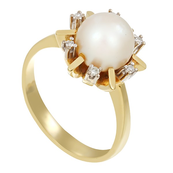 Damenring, 14K, Gelb/Weißgold, Perle, Diamanten Detailbild #1