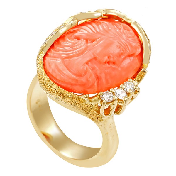 Ring, 14K, Gelbgold, Brillanten, Koralle Detailbild #1