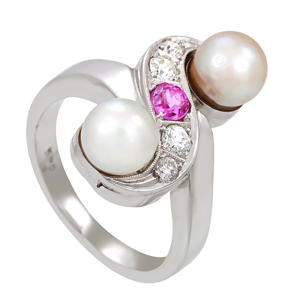 Ring, 14K, Weißgold, Perlen, Diamanten, Rubin Detailbild #1