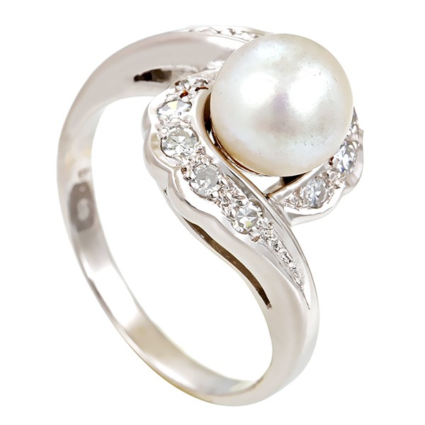 Ring, 14K, Weißgold, Diamant, Perle Detailbild #1