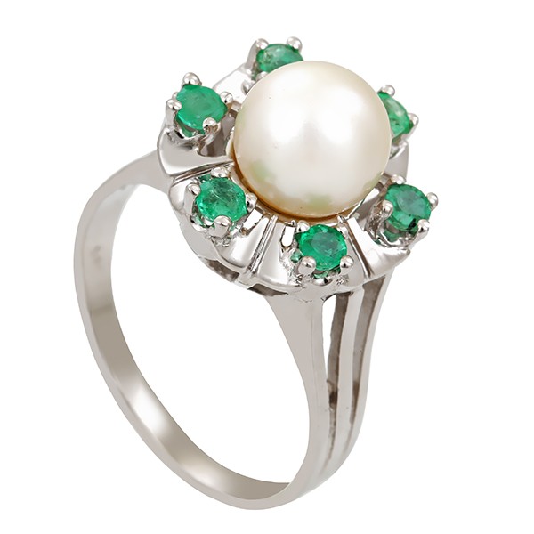 Ring, 14K, Weißgold, Perle, Smaragd Detailbild #1