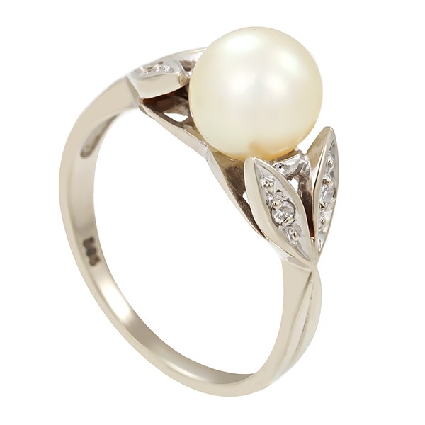 Ring, 14K, Weißgold, Diamanten, Perle Detailbild #1
