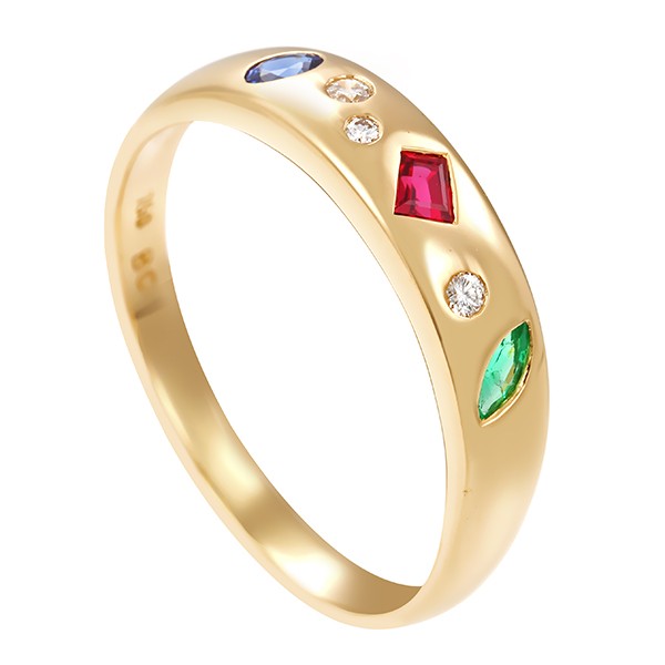 Ring, 18k, Gelbgold, Brillant, Rubin, Smaragd, Saphir Detailbild #1