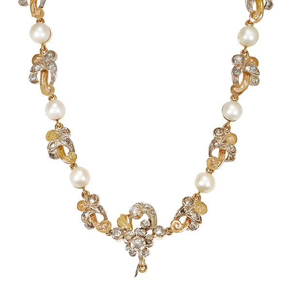 Collier, 14K, Gelbgold, Perlen, Diamantrosen Detailbild #1