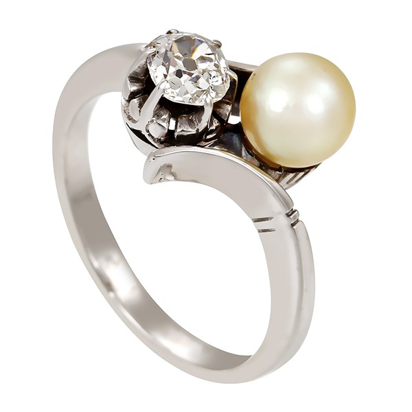 Ring, 18K, Weißgold, Perle, Diamant Altschliff Detailbild #1