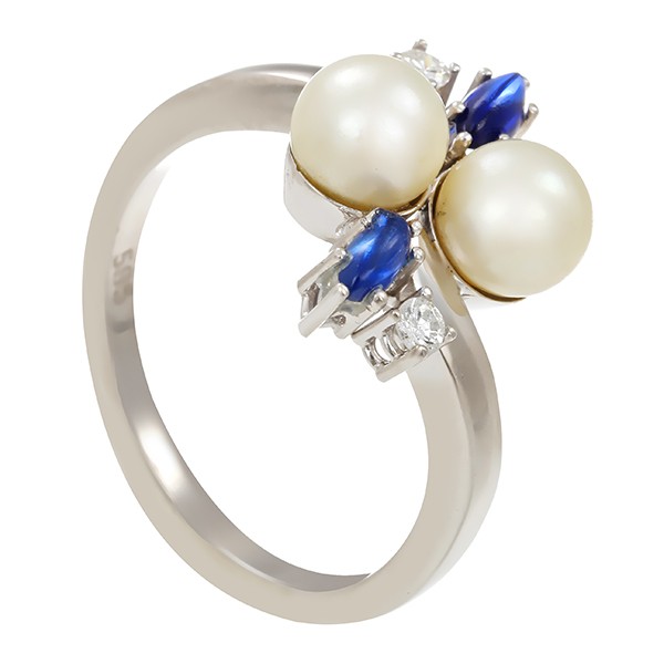 Ring, 14K, Weißgold, Diamanten, Perlen, Saphire Detailbild #1