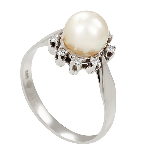 Ring, 14K, Weißgold, Diamanten, Perle Detailbild #1