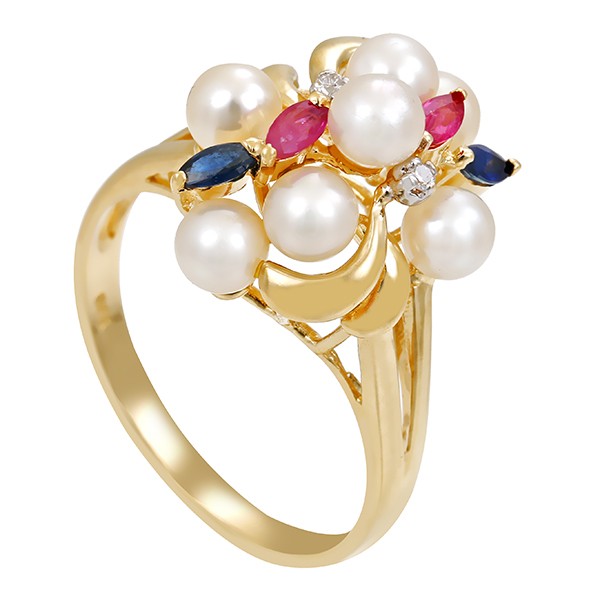 Ring, 14K, Gelbgold, Perlen, Rubine, Saphire, Brillanten Detailbild #1