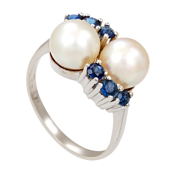 Ring, 14K, Weißgold, Perlen, Saphire Detailbild #1
