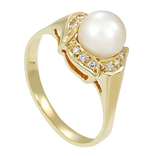 Ring, 14K, Gelbgold, Brillanten, Perle Detailbild #1