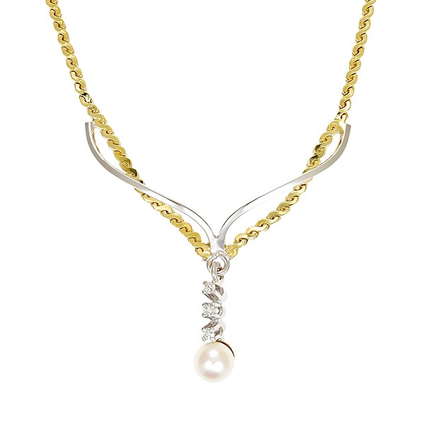 Collier, 14K, Weiß-/Gelbgold, Diamanten, Perle Detailbild #1