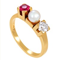 Ring, 18K, Gelbgold, Diamant, Synth. Rubin, Perle Detailbild #1