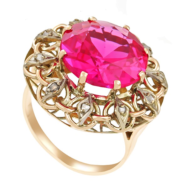 Ring, 14K, Gelbgold, synth. Korund, Diamantrosen Detailbild #1