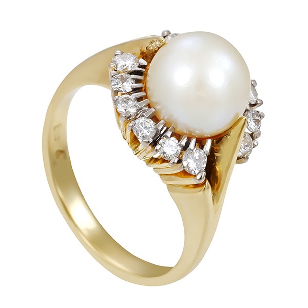 Ring, 14K, Gelbgold, Weißgold, Perle, Brillanten Detailbild #1